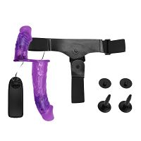 Fioletowy dwustronny strap-on z wibracjami dwa penisy 10 cm + 18 cm - 77970723 - 5
