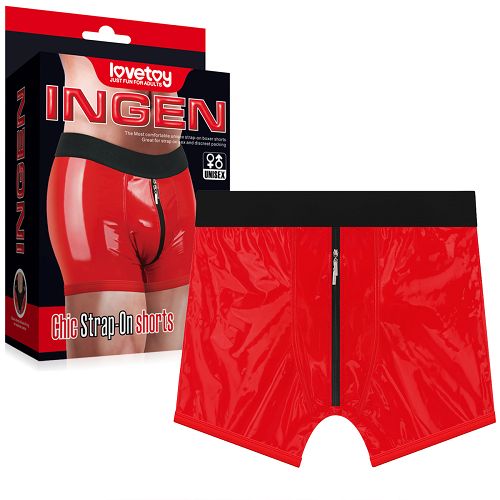 Czerwone bokserki z pierścieniem na strap-on + kieszeń na wibrator - 79378237