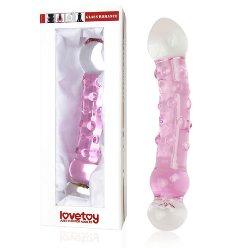 Różowe szklane dildo z wypustkami i zdobieniem 16 cm - 71092191