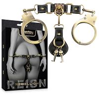 Złote kajdanki BDSM ze skórzanymi elementami i kluczykami - 79453188 - 4