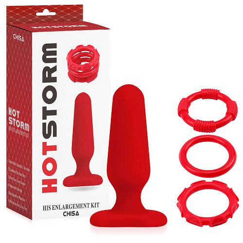 Zestaw czerwony korek analny i 3 pierścienie erekcyjne - 74632238