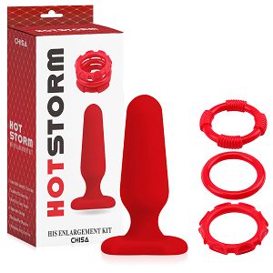 Zestaw czerwony korek analny i 3 pierścienie erekcyjne - 74632238