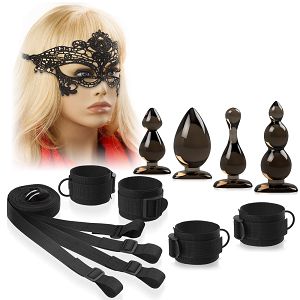 Zestaw BDSM dla par - kajdanki, maska koronkowa, 4 korki analne - 73076582