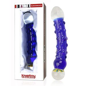 Niebieskie szklane dildo z wypustkami i zdobieniem 16 cm - 76274108