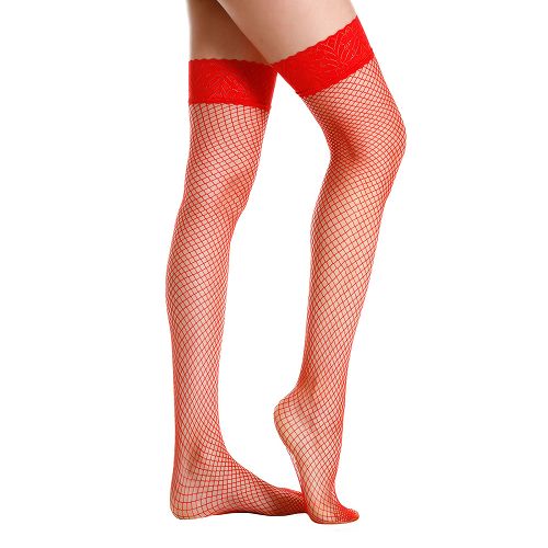 Zmysłowe czerwone pończochy z kwiatowym wykończeniem - 74969514