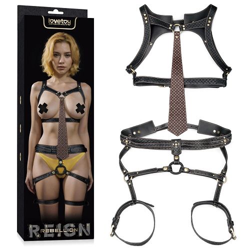 Rebellion zmysłowa uprząż skórzana harness z krawatem i ringiem BDSM - 79373440