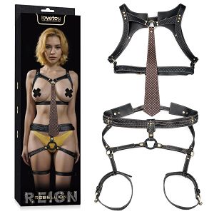 Rebellion zmysłowa uprząż skórzana harness z krawatem i ringiem BDSM - 79373440