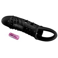 Wibrująca czarna nakładka na penisa z wypustkami przedłużka + 2 cm - 79574619 - 2
