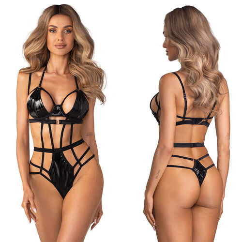 Keira Lise czarne body z paskami bielizna erotyczna wet look - 79488815