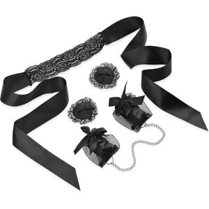 DELIKATNY, KORONKOWY ZESTAW BONDAGE - OPASKA NA OCZY + NAKLEJKI NA SUTKI + KAJDANKI - 74153074