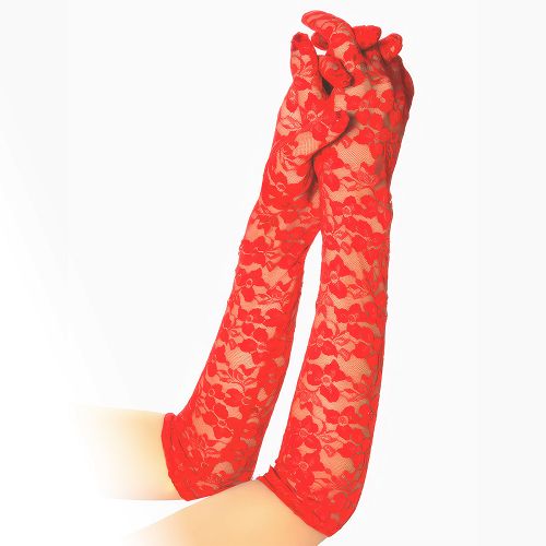 Koronkowe czerwone rękawiczki z kwiatowym motywem 41 cm - 78085921