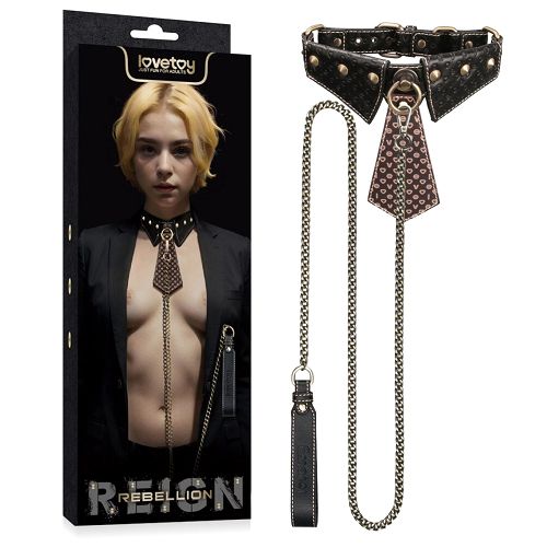 Rebellion skórzany zestaw BDSM obroża z krawatem i smyczą 120 cm - 70580710