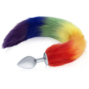 Stalowy korek analny z tęczową lisią kitą 43 cm Pride LGBT - 73501445