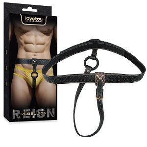 Rebellion regulowany skórzany pas strap-on ze złotymi detalmi i ringiem  - 74528526
