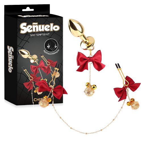 Zestaw korek analny + zaciski na sutki z czerwonymi wstążkami - 79050503