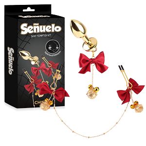 Zestaw korek analny + zaciski na sutki z czerwonymi wstążkami - 79050503