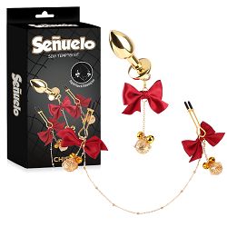 Zestaw korek analny + zaciski na sutki z czerwonymi wstążkami - 79050503