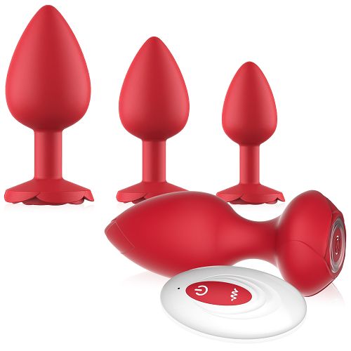 Czerwony zestaw korków analnych 3 klasyczne + wibrujący - 78063293