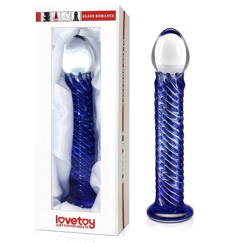Szklane dildo niebieskie gładkie ze żłobieniami 19 cm - 70392087