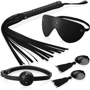 ZMYSŁOWY ZESTAW BDSM - PEJCZ, OPASKA NA OCZY, KNEBEL, NAKŁADKI NA SUTKI - 87546839